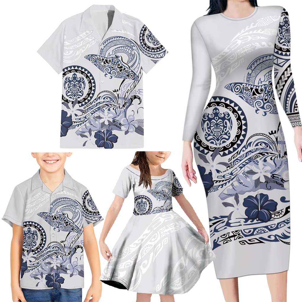 Polynesian Manta Ray Family Matching Long Sleeve Bodycon Dress and Hawaiian Shirt Blue Floral Turtle Tattoo LT9 - Polynesian Pride