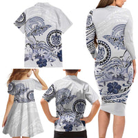 Polynesian Manta Ray Family Matching Long Sleeve Bodycon Dress and Hawaiian Shirt Blue Floral Turtle Tattoo LT9 - Polynesian Pride