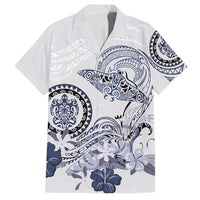 Polynesian Manta Ray Family Matching Long Sleeve Bodycon Dress and Hawaiian Shirt Blue Floral Turtle Tattoo LT9 Dad's Shirt - Short Sleeve Blue - Polynesian Pride
