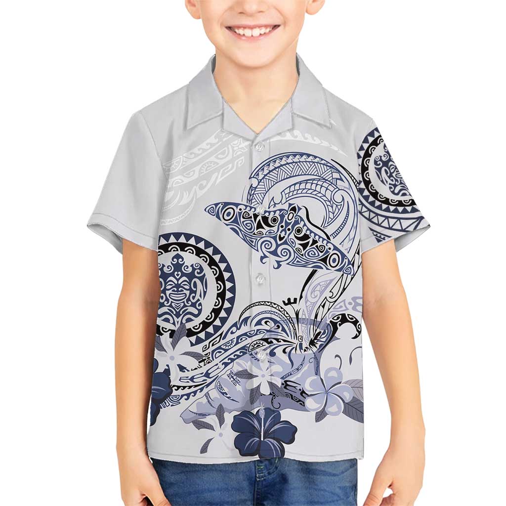 Polynesian Manta Ray Family Matching Long Sleeve Bodycon Dress and Hawaiian Shirt Blue Floral Turtle Tattoo LT9 Son's Shirt Blue - Polynesian Pride
