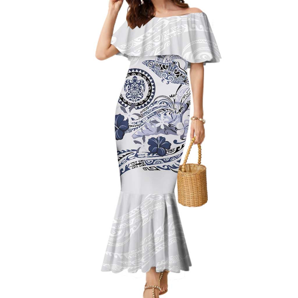 Polynesian Manta Ray Family Matching Mermaid Dress and Hawaiian Shirt Blue Floral Turtle Tattoo LT9 Mom's Dress Blue - Polynesian Pride