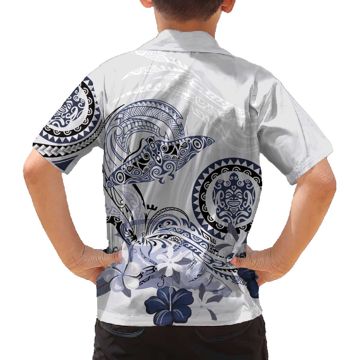 Polynesian Manta Ray Family Matching Off The Shoulder Long Sleeve Dress and Hawaiian Shirt Blue Floral Turtle Tattoo LT9 - Polynesian Pride