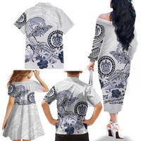 Polynesian Manta Ray Family Matching Off The Shoulder Long Sleeve Dress and Hawaiian Shirt Blue Floral Turtle Tattoo LT9 - Polynesian Pride