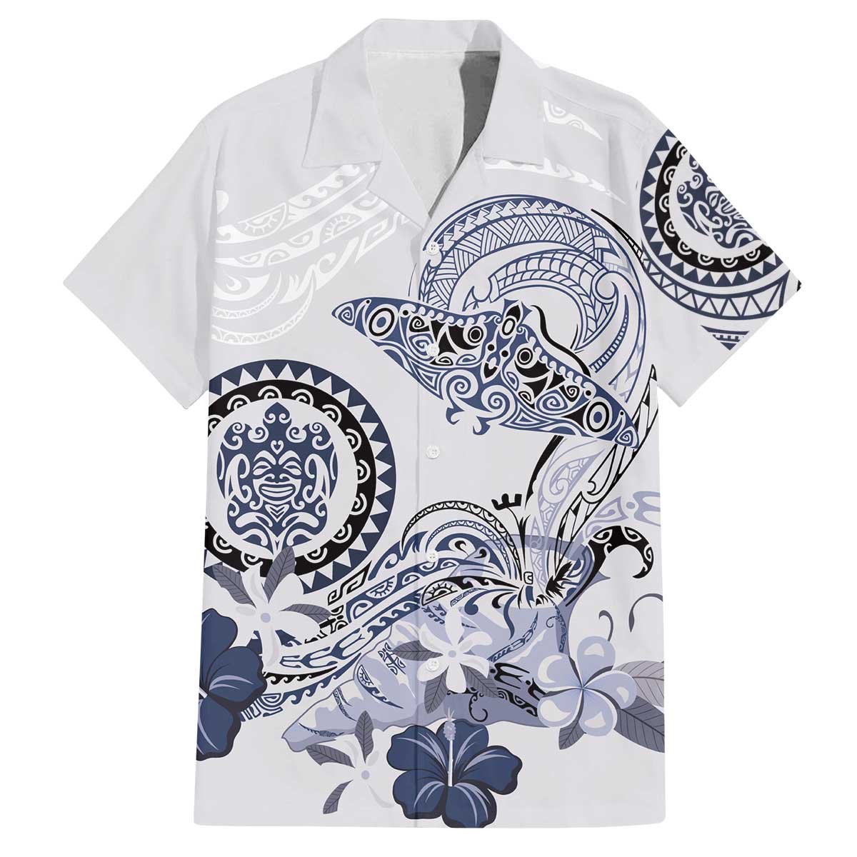 Polynesian Manta Ray Family Matching Off The Shoulder Long Sleeve Dress and Hawaiian Shirt Blue Floral Turtle Tattoo LT9 Dad's Shirt - Short Sleeve Blue - Polynesian Pride