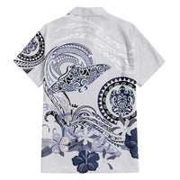 Polynesian Manta Ray Family Matching Off The Shoulder Long Sleeve Dress and Hawaiian Shirt Blue Floral Turtle Tattoo LT9 - Polynesian Pride