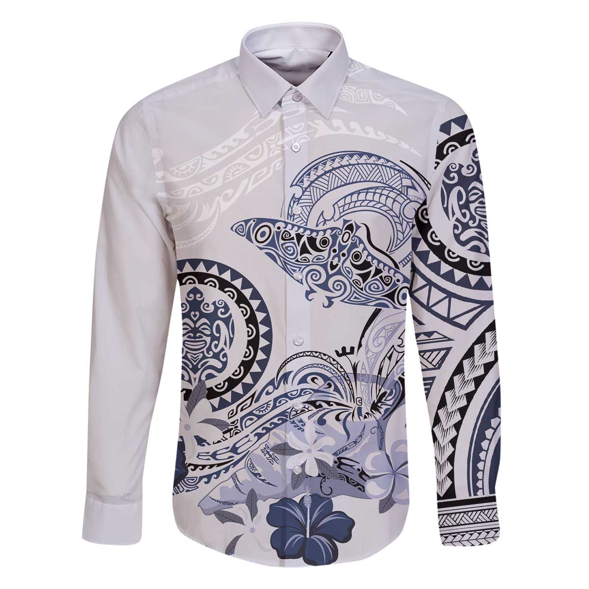 Polynesian Manta Ray Family Matching Off The Shoulder Long Sleeve Dress and Hawaiian Shirt Blue Floral Turtle Tattoo LT9 Dad's Shirt - Long Sleeve Blue - Polynesian Pride
