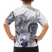 Polynesian Manta Ray Family Matching Off Shoulder Short Dress and Hawaiian Shirt Blue Floral Turtle Tattoo LT9 - Polynesian Pride