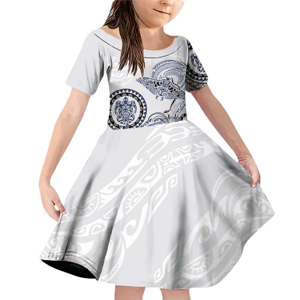 Polynesian Manta Ray Family Matching Off Shoulder Short Dress and Hawaiian Shirt Blue Floral Turtle Tattoo LT9 Daughter's Dress Blue - Polynesian Pride