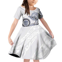 Polynesian Manta Ray Family Matching Off Shoulder Short Dress and Hawaiian Shirt Blue Floral Turtle Tattoo LT9 Daughter's Dress Blue - Polynesian Pride