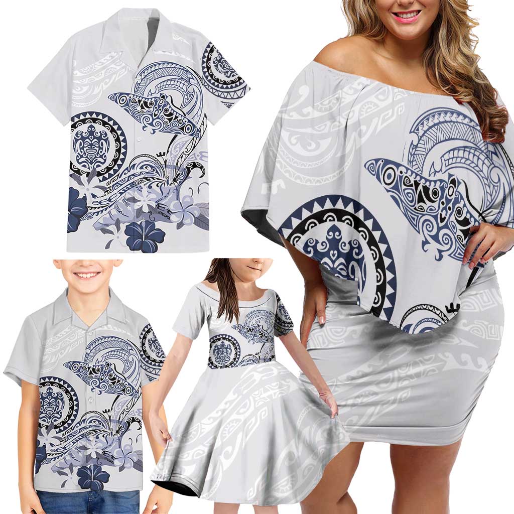 Polynesian Manta Ray Family Matching Off Shoulder Short Dress and Hawaiian Shirt Blue Floral Turtle Tattoo LT9 - Polynesian Pride