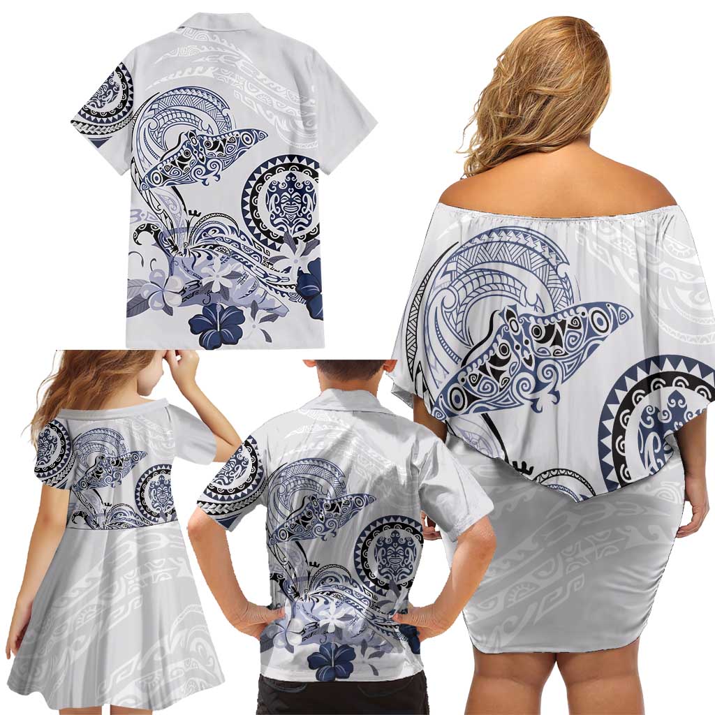 Polynesian Manta Ray Family Matching Off Shoulder Short Dress and Hawaiian Shirt Blue Floral Turtle Tattoo LT9 - Polynesian Pride