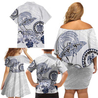 Polynesian Manta Ray Family Matching Off Shoulder Short Dress and Hawaiian Shirt Blue Floral Turtle Tattoo LT9 - Polynesian Pride