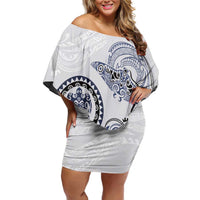 Polynesian Manta Ray Family Matching Off Shoulder Short Dress and Hawaiian Shirt Blue Floral Turtle Tattoo LT9 Mom's Dress Blue - Polynesian Pride