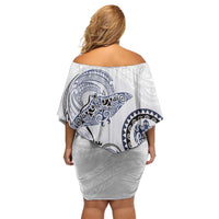 Polynesian Manta Ray Family Matching Off Shoulder Short Dress and Hawaiian Shirt Blue Floral Turtle Tattoo LT9 - Polynesian Pride