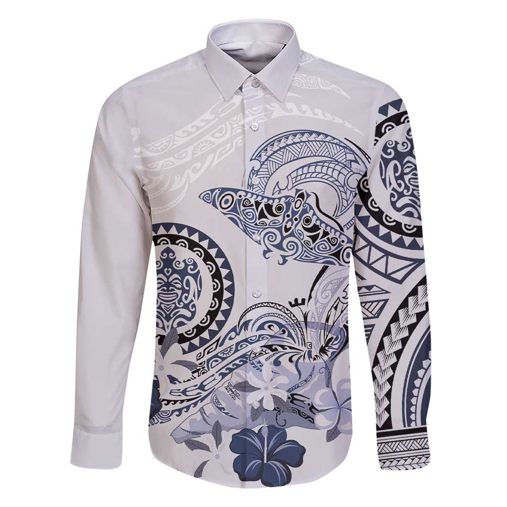 Polynesian Manta Ray Family Matching Short Sleeve Bodycon Dress and Hawaiian Shirt Blue Floral Turtle Tattoo LT9 Dad's Shirt - Long Sleeve Blue - Polynesian Pride