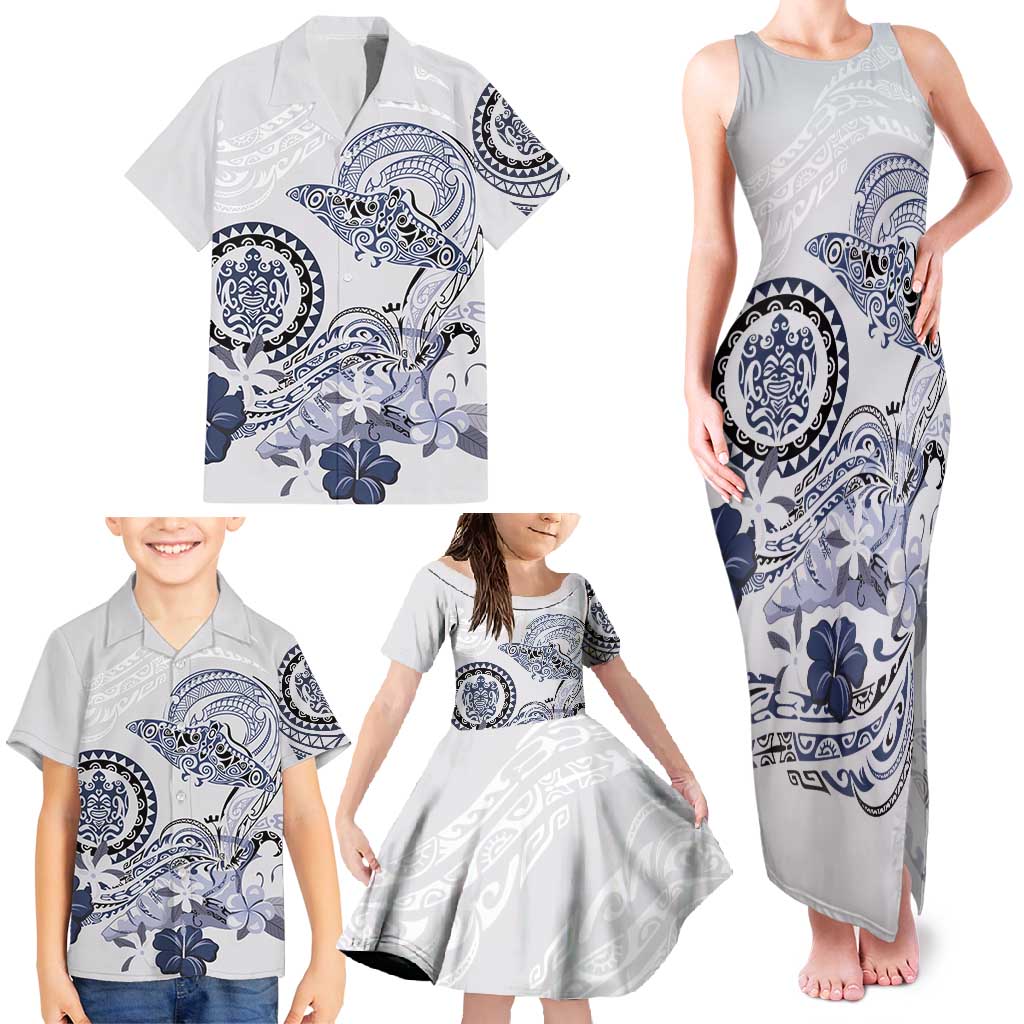 Polynesian Manta Ray Family Matching Tank Maxi Dress and Hawaiian Shirt Blue Floral Turtle Tattoo LT9 - Polynesian Pride