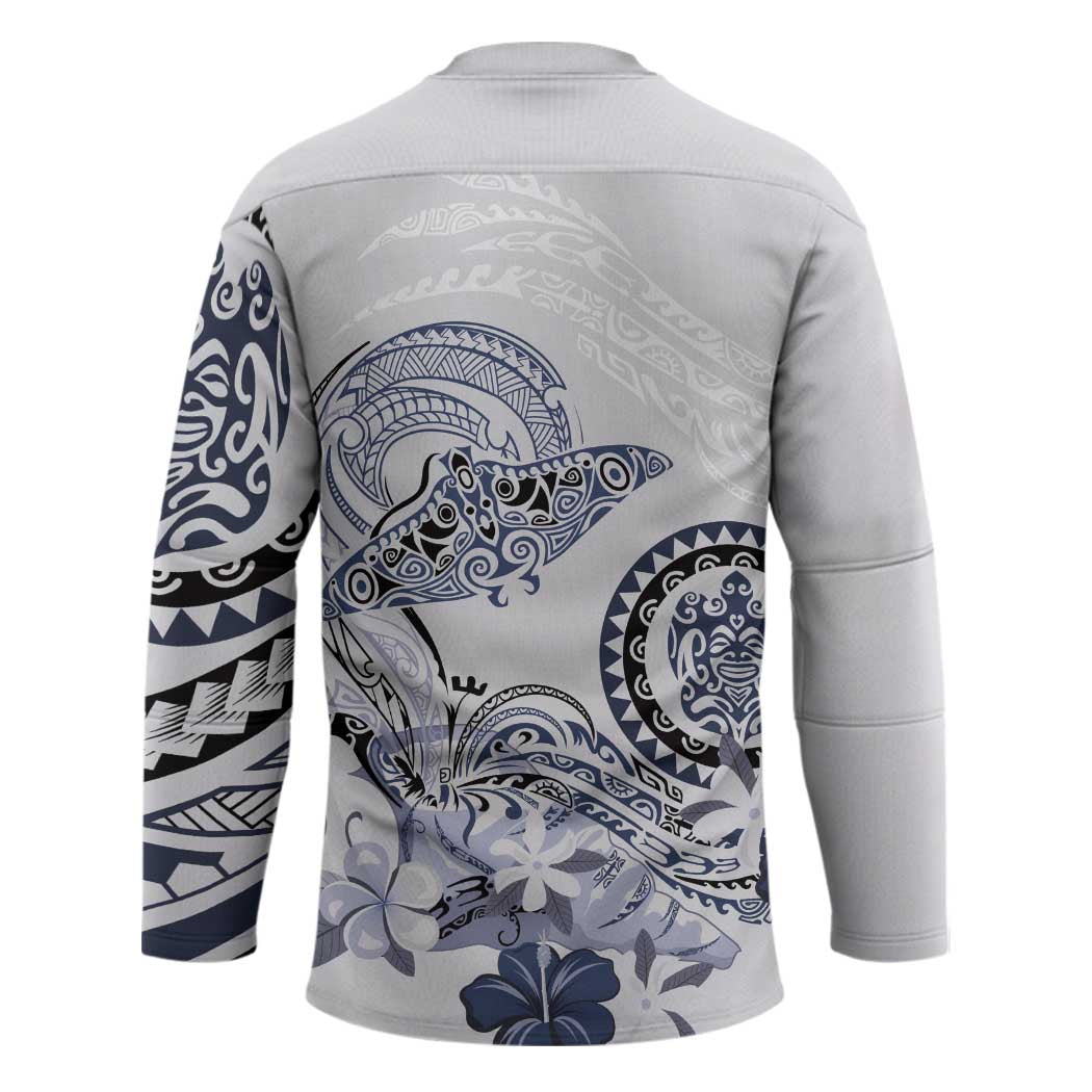 Polynesian Manta Ray Hockey Jersey Blue Floral Turtle Tattoo - Polynesian Pride