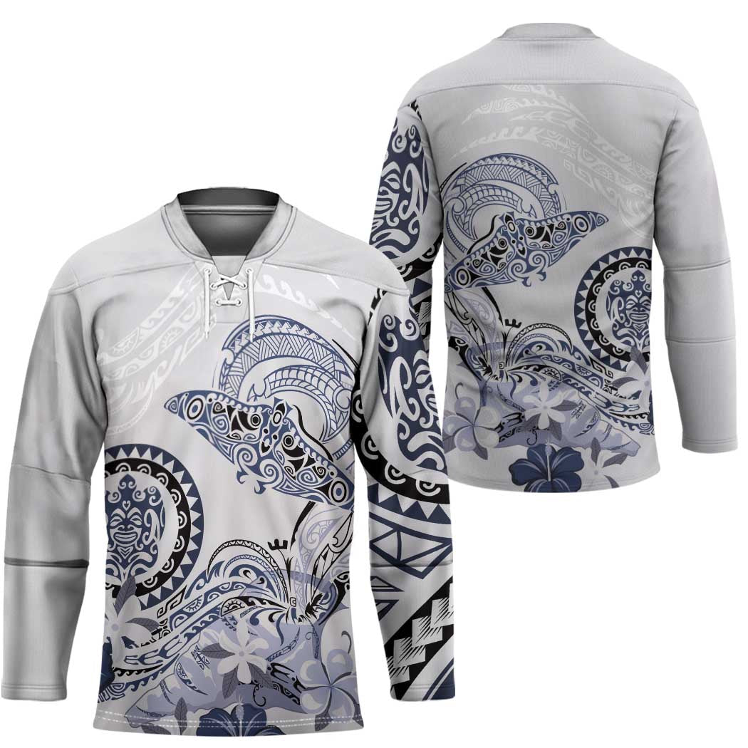 Polynesian Manta Ray Hockey Jersey Blue Floral Turtle Tattoo - Polynesian Pride