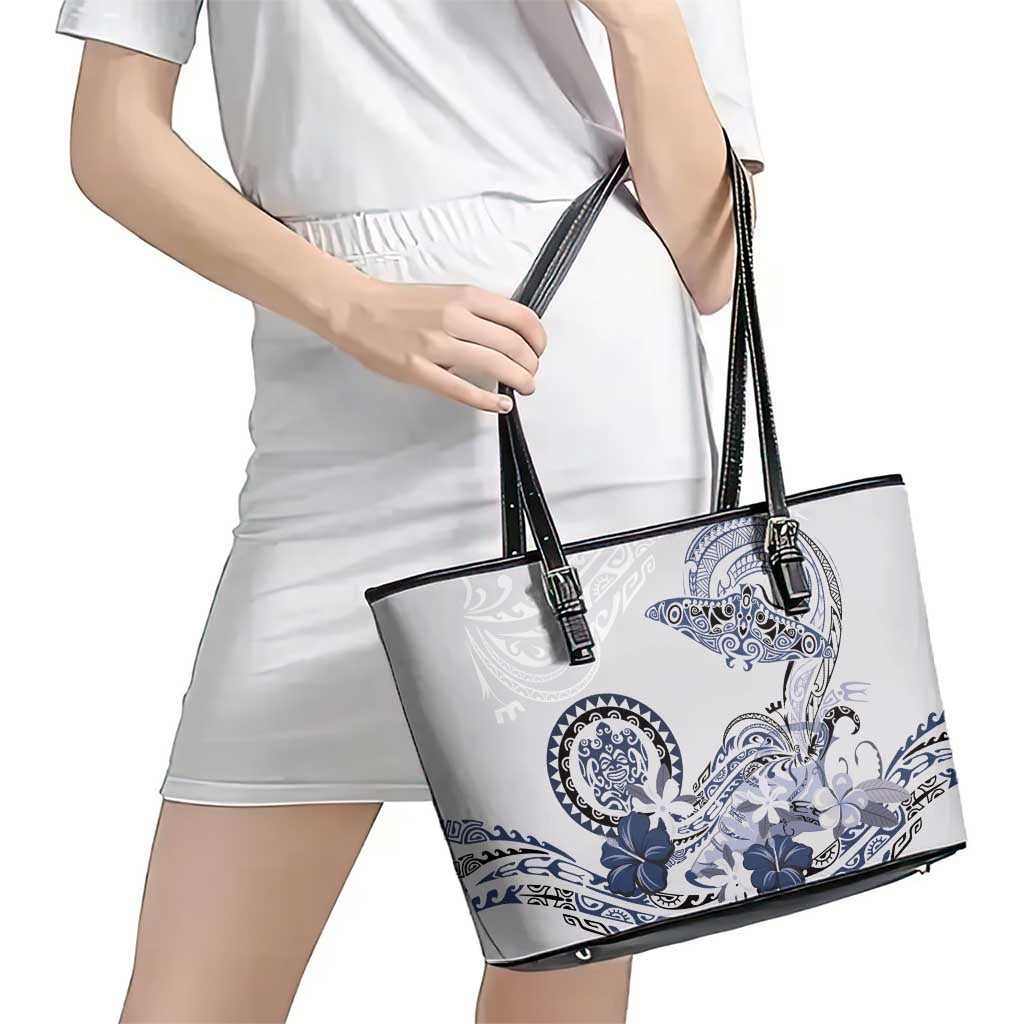 Polynesian Manta Ray Leather Tote Bag Blue Floral Turtle Tattoo - Polynesian Pride