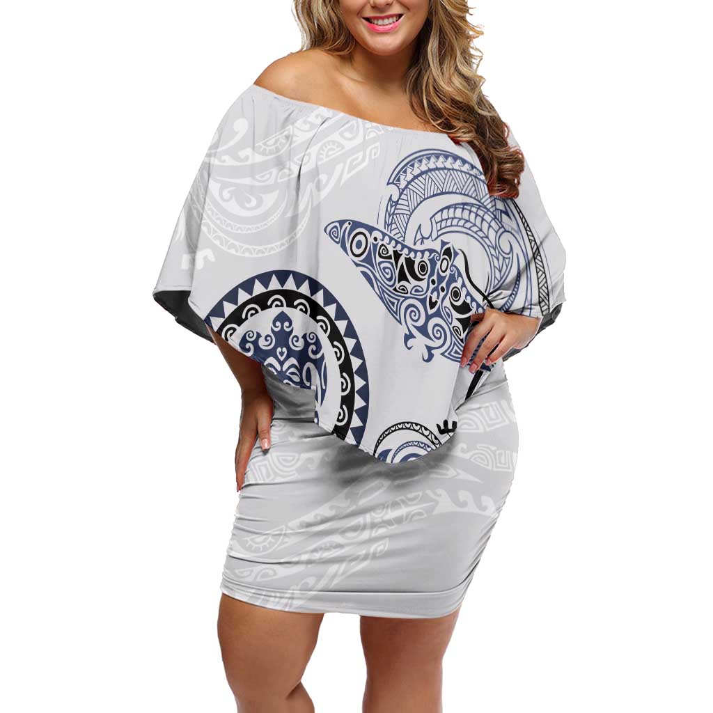Polynesian Manta Ray Off Shoulder Short Dress Blue Floral Turtle Tattoo LT9 Women Blue - Polynesian Pride
