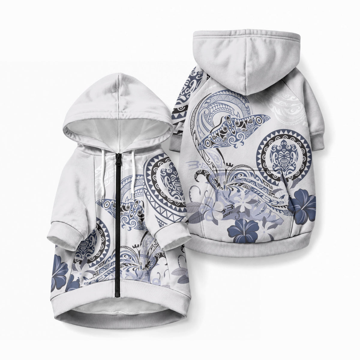 Polynesian Manta Ray Pet Hoodie Blue Floral Turtle Tattoo LT9 Zip-up Blue - Polynesian Pride