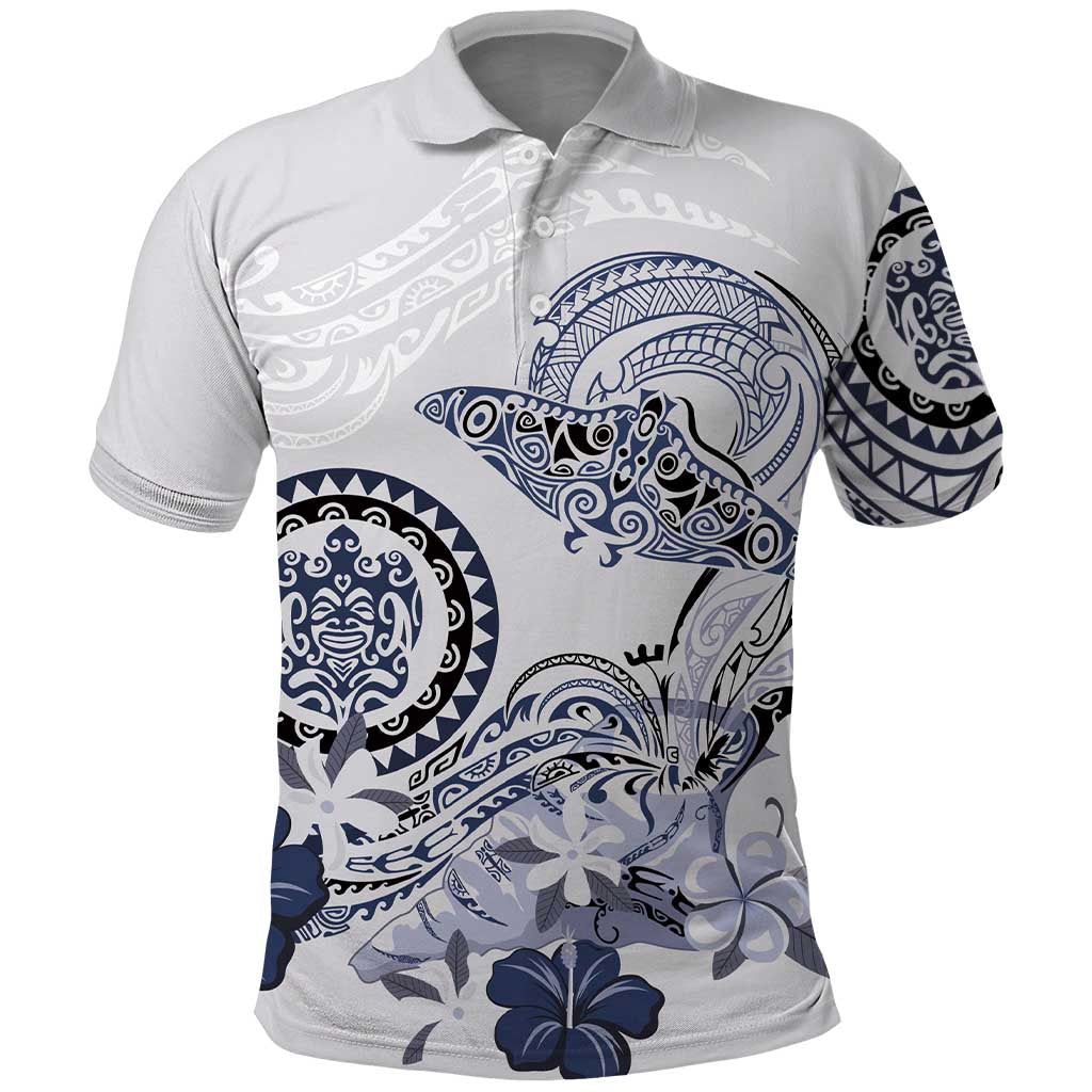 Polynesian Manta Ray Polo Shirt Blue Floral Turtle Tattoo - Polynesian Pride