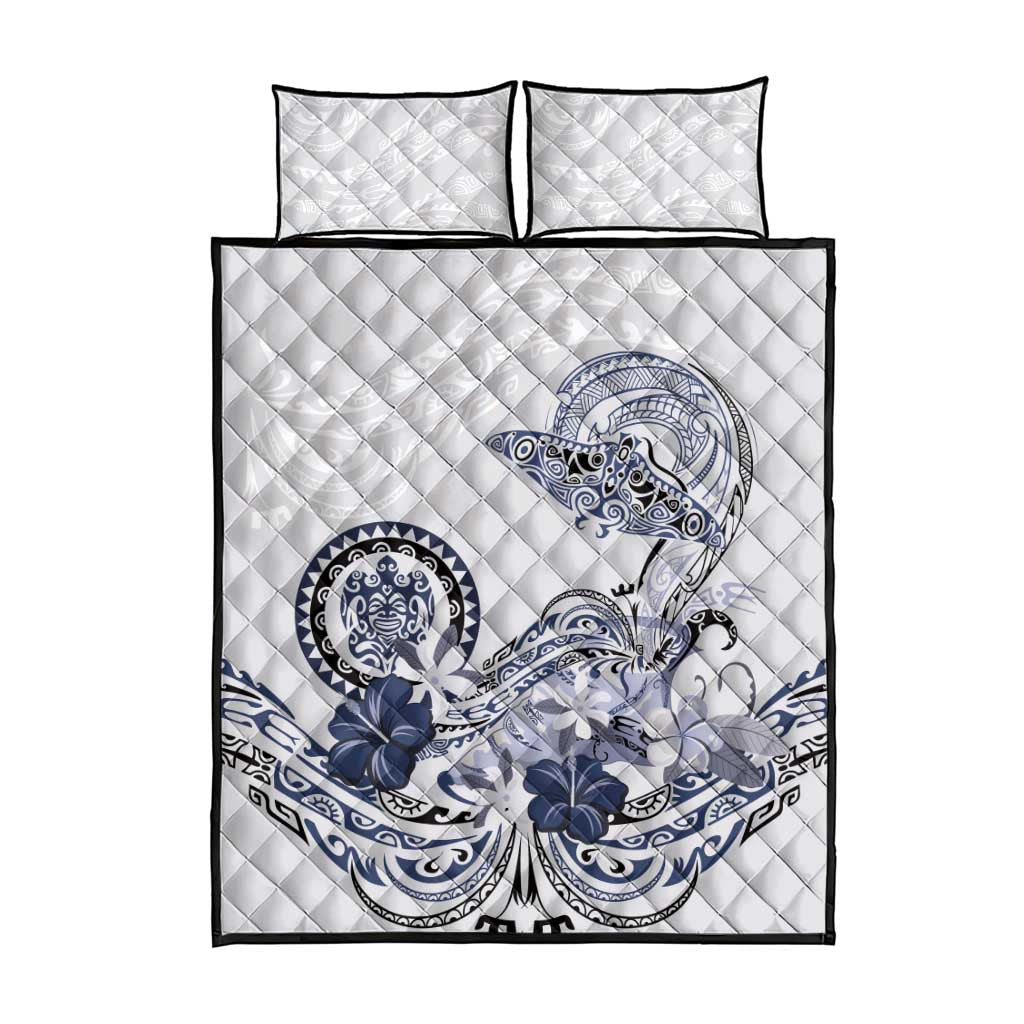 Polynesian Manta Ray Quilt Bed Set Blue Floral Turtle Tattoo - Polynesian Pride