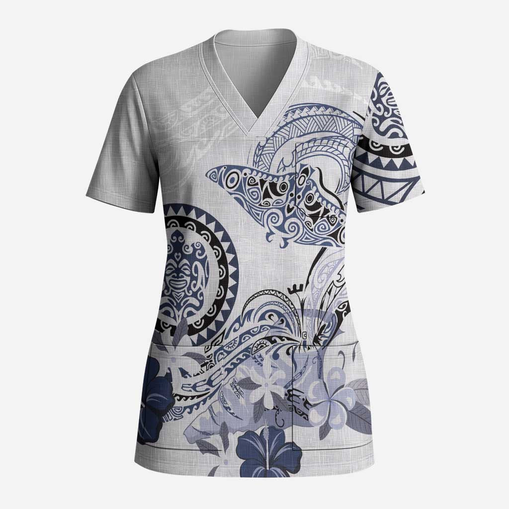 Polynesian Manta Ray Scrub Top Blue Floral Turtle Tattoo - Polynesian Pride