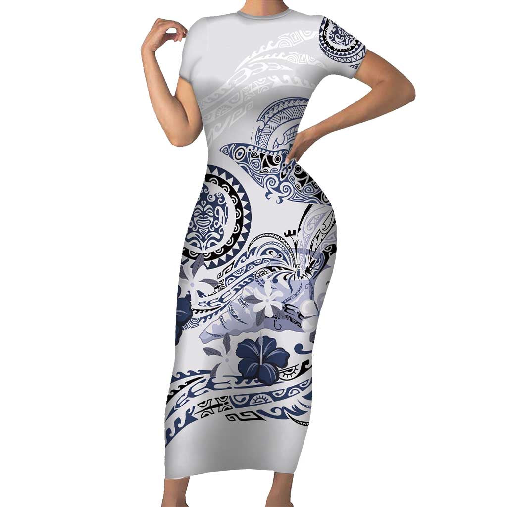 Polynesian Manta Ray Short Sleeve Bodycon Dress Blue Floral Turtle Tattoo LT9 Long Dress Blue - Polynesian Pride