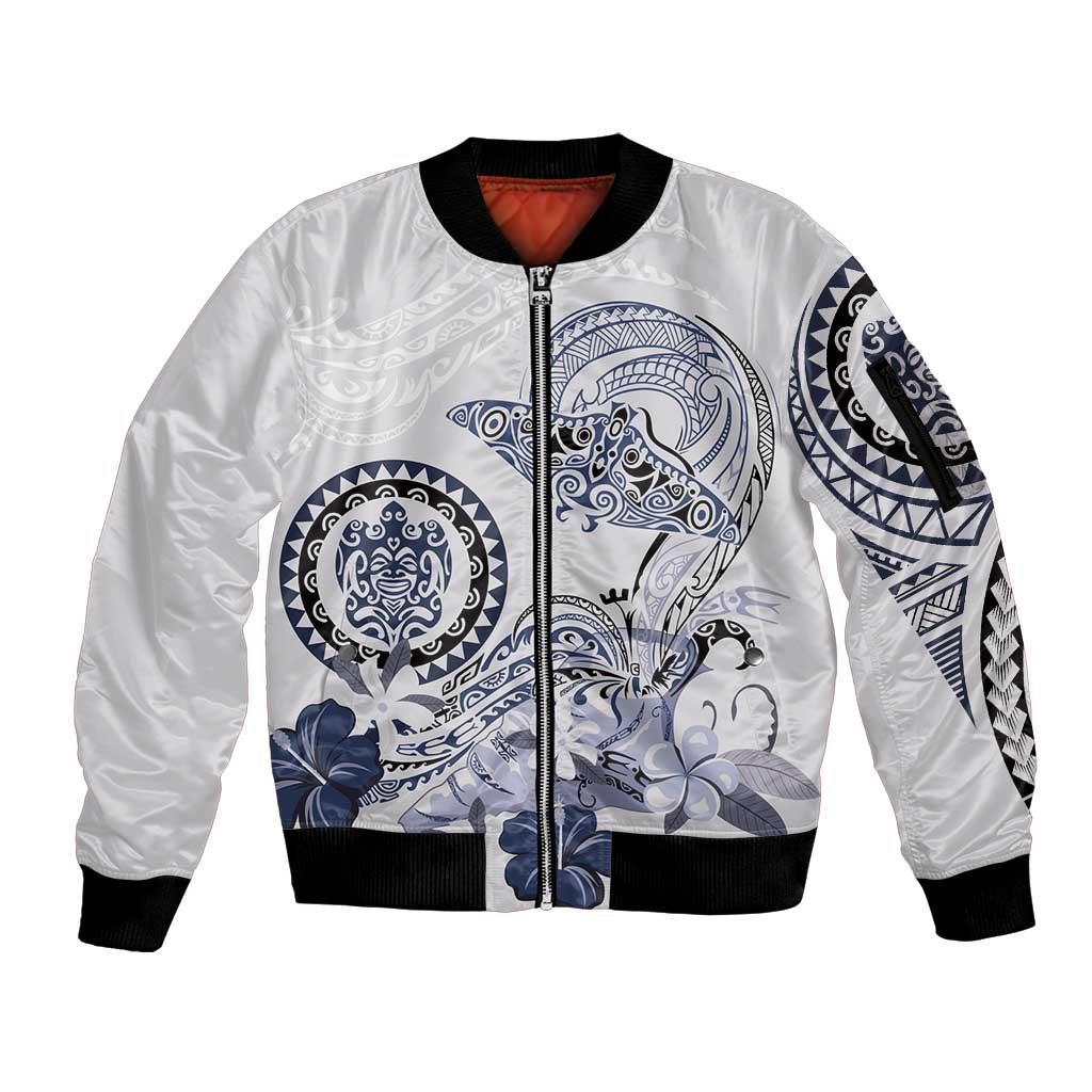 Polynesian Manta Ray Sleeve Zip Bomber Jacket Blue Floral Turtle Tattoo LT9 Unisex Blue - Polynesian Pride