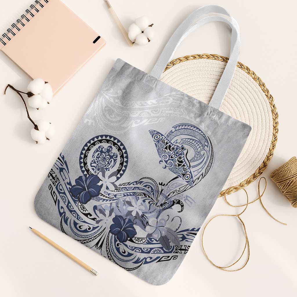 Polynesian Manta Ray Tote Bag Blue Floral Turtle Tattoo - Polynesian Pride