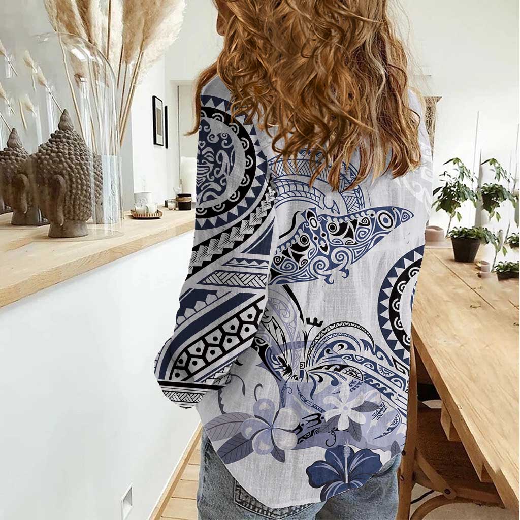 Polynesian Manta Ray Women Casual Shirt Blue Floral Turtle Tattoo LT9 - Polynesian Pride