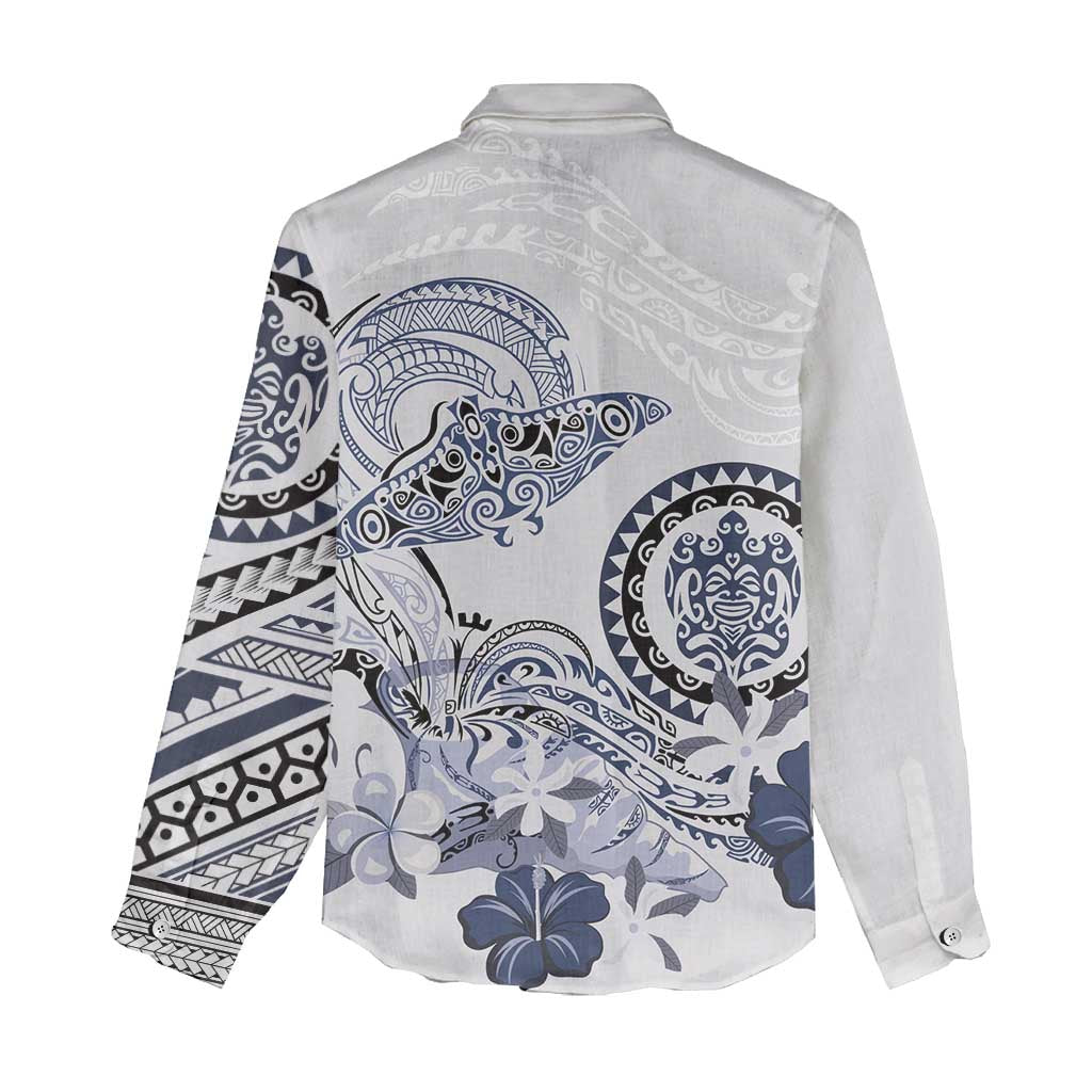 Polynesian Manta Ray Women Casual Shirt Blue Floral Turtle Tattoo LT9 - Polynesian Pride