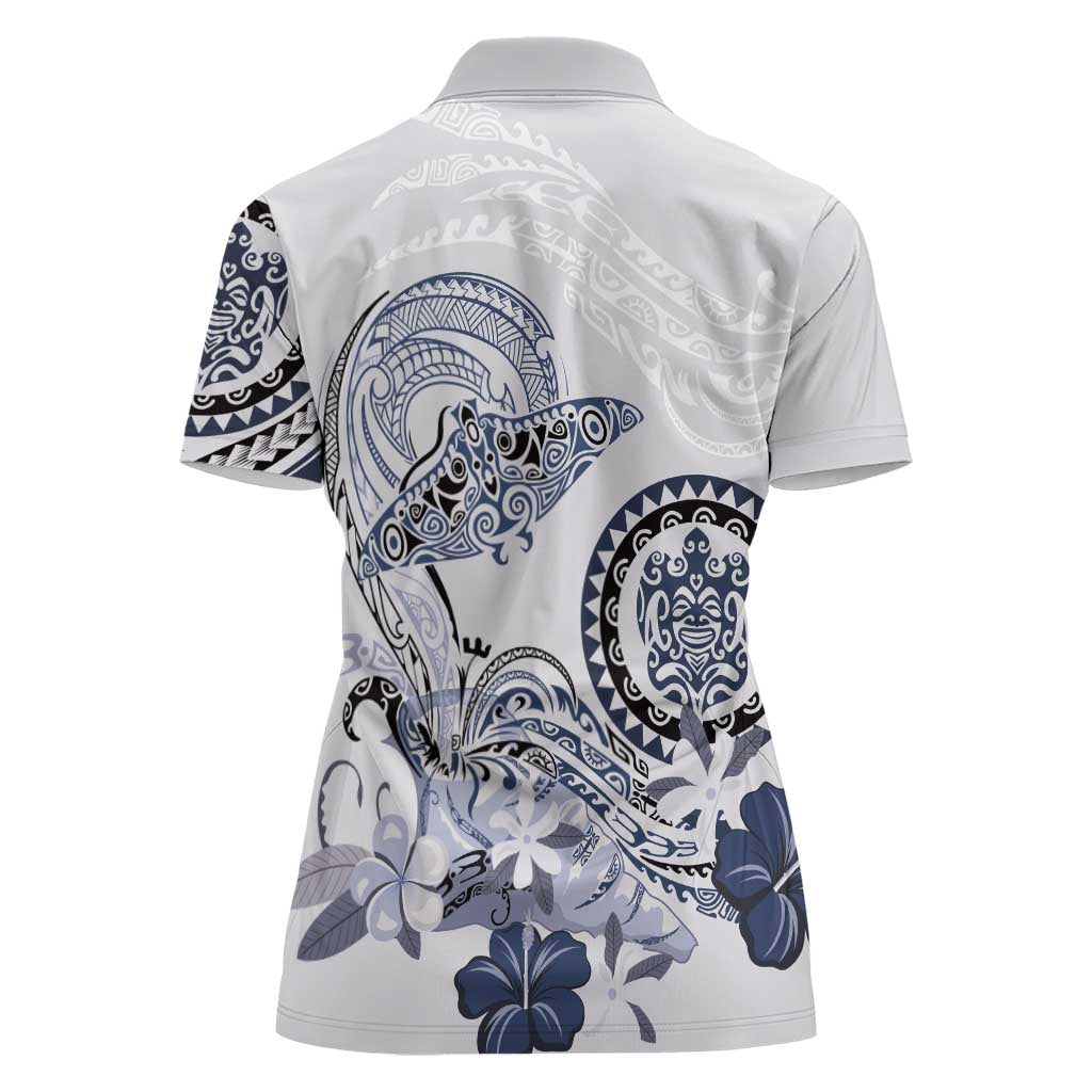 Polynesian Manta Ray Women Polo Shirt Blue Floral Turtle Tattoo LT9 - Polynesian Pride