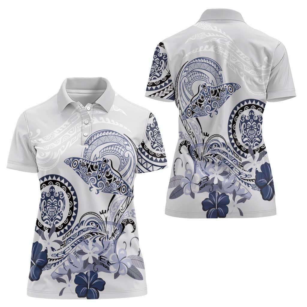 Polynesian Manta Ray Women Polo Shirt Blue Floral Turtle Tattoo LT9 - Polynesian Pride