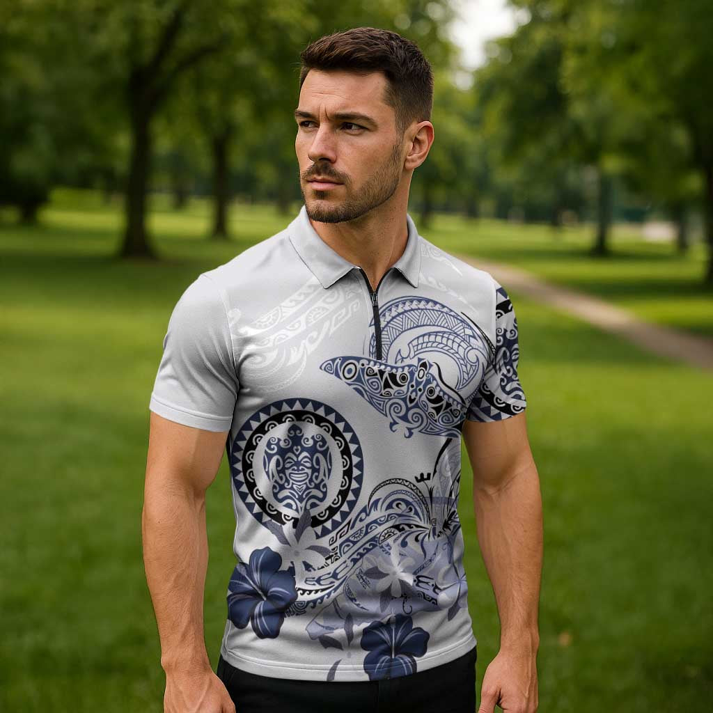 Polynesian Manta Ray Zipper Polo Shirt Blue Floral Turtle Tattoo - Polynesian Pride