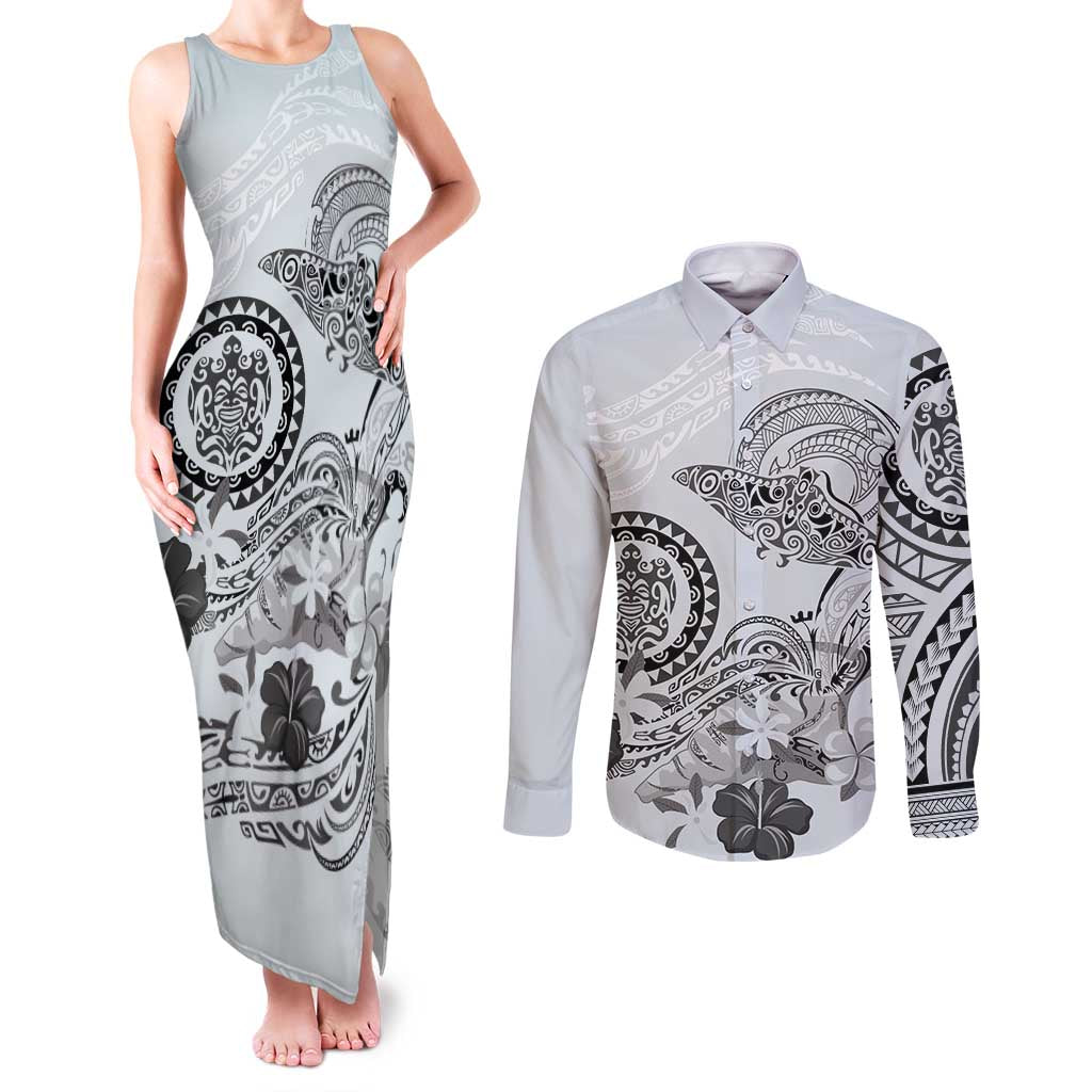 Polynesian Manta Ray Couples Matching Tank Maxi Dress and Long Sleeve Button Shirt Gray Floral Turtle Tattoo LT9 Gray - Polynesian Pride
