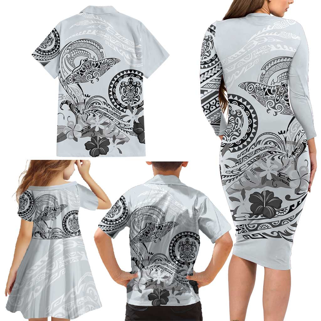 Polynesian Manta Ray Family Matching Long Sleeve Bodycon Dress and Hawaiian Shirt Gray Floral Turtle Tattoo LT9 - Polynesian Pride