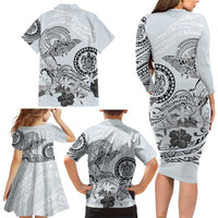 Polynesian Manta Ray Family Matching Long Sleeve Bodycon Dress and Hawaiian Shirt Gray Floral Turtle Tattoo LT9 - Polynesian Pride