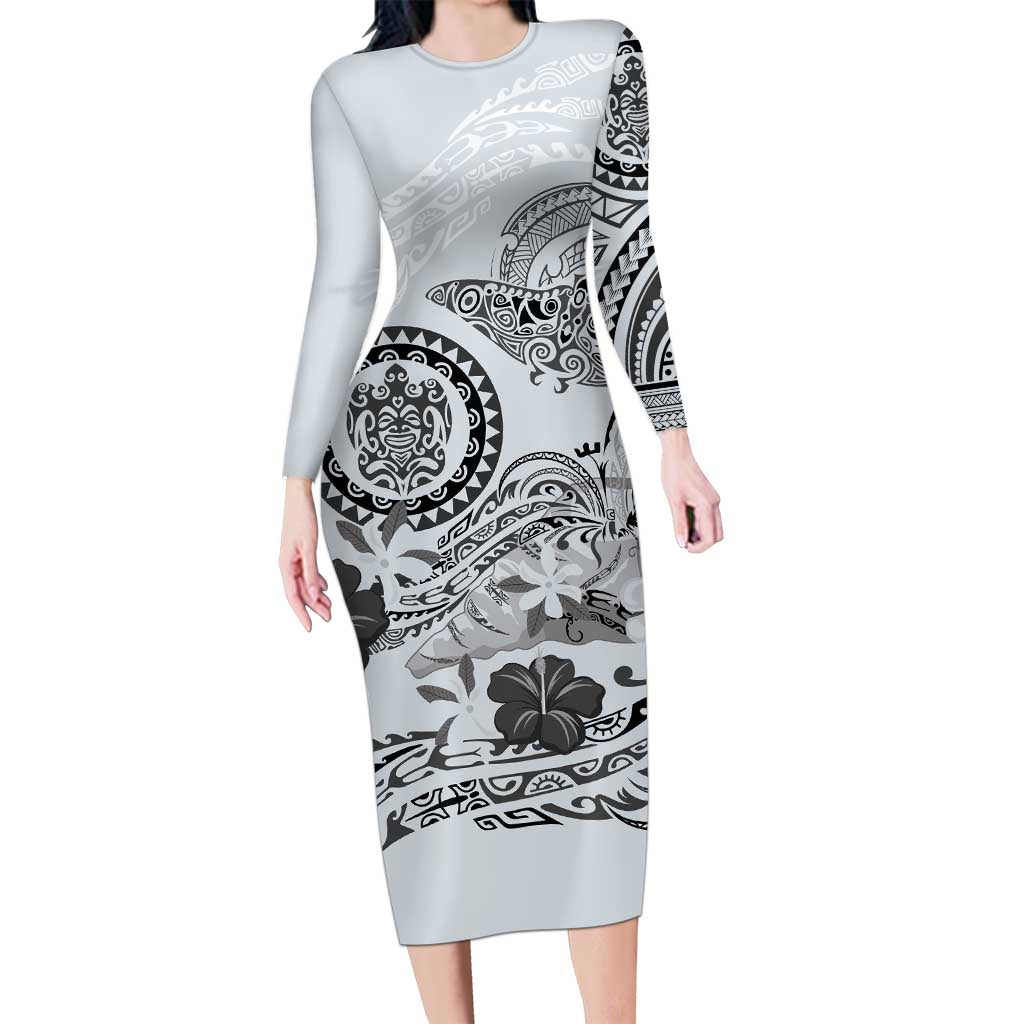 Polynesian Manta Ray Family Matching Long Sleeve Bodycon Dress and Hawaiian Shirt Gray Floral Turtle Tattoo LT9 Mom's Dress Gray - Polynesian Pride