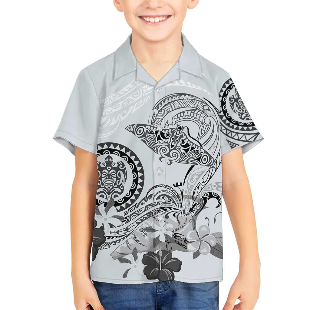 Polynesian Manta Ray Family Matching Long Sleeve Bodycon Dress and Hawaiian Shirt Gray Floral Turtle Tattoo LT9 Son's Shirt Gray - Polynesian Pride