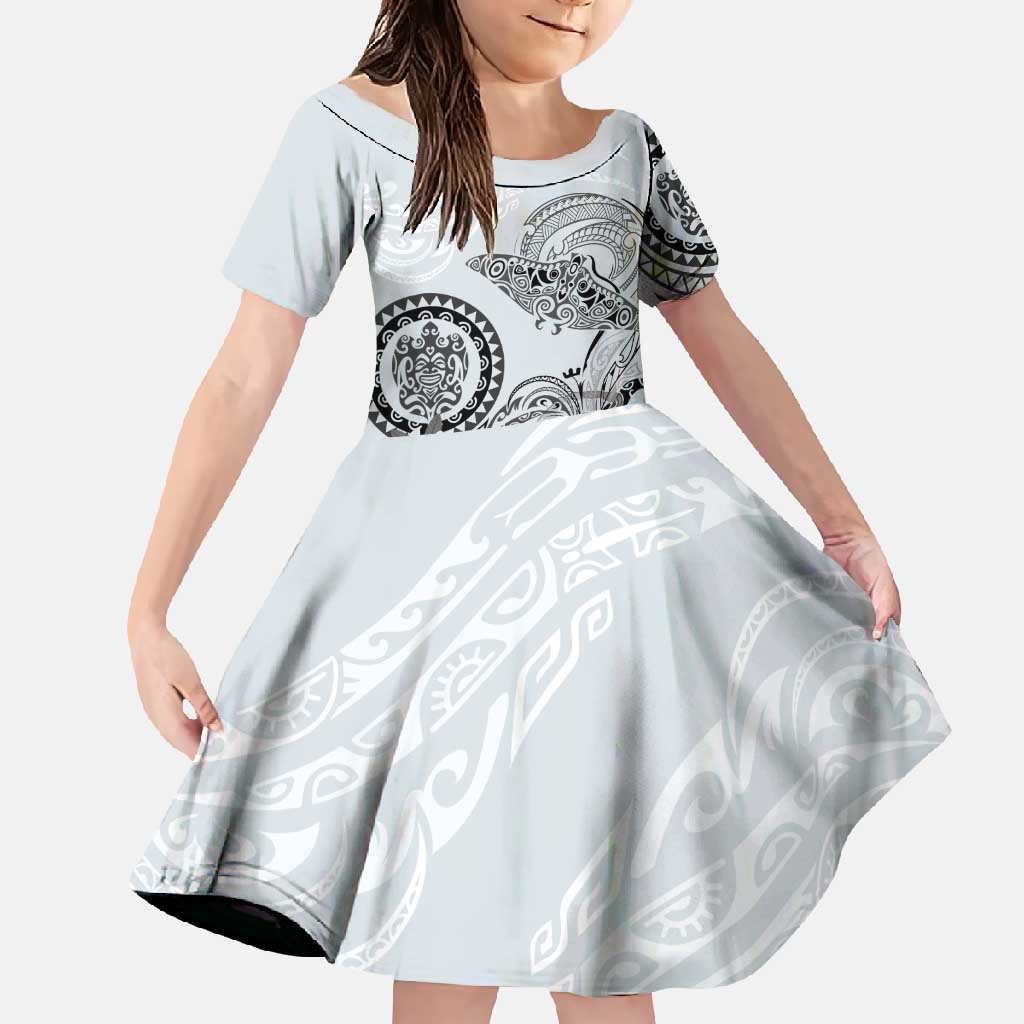 Polynesian Manta Ray Family Matching Mermaid Dress and Hawaiian Shirt Gray Floral Turtle Tattoo LT9 Daughter's Dress Gray - Polynesian Pride