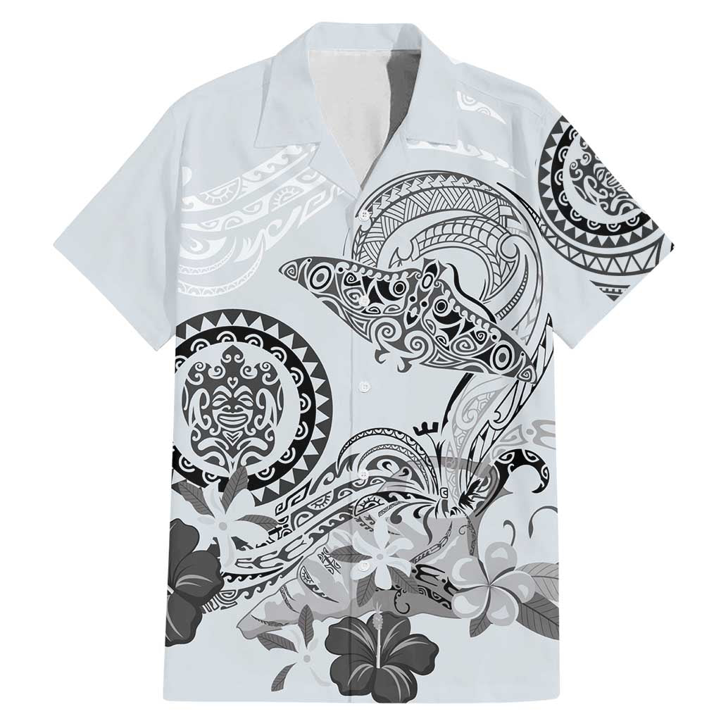 Polynesian Manta Ray Family Matching Mermaid Dress and Hawaiian Shirt Gray Floral Turtle Tattoo LT9 Dad's Shirt - Short Sleeve Gray - Polynesian Pride