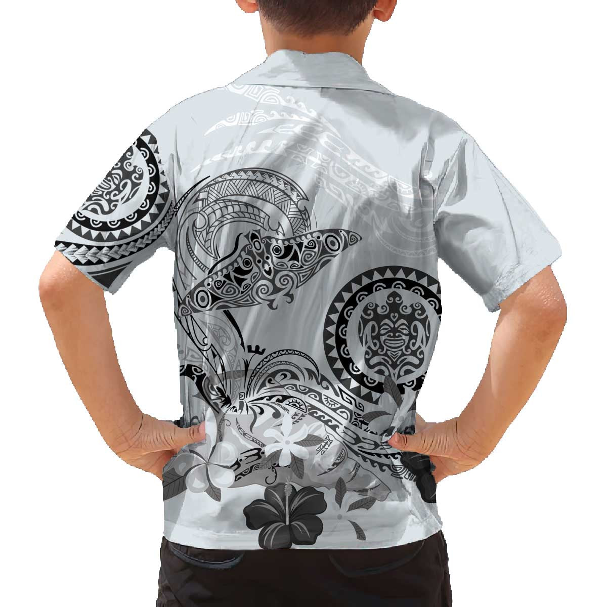 Polynesian Manta Ray Family Matching Off The Shoulder Long Sleeve Dress and Hawaiian Shirt Gray Floral Turtle Tattoo LT9 - Polynesian Pride
