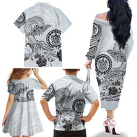 Polynesian Manta Ray Family Matching Off The Shoulder Long Sleeve Dress and Hawaiian Shirt Gray Floral Turtle Tattoo LT9 - Polynesian Pride