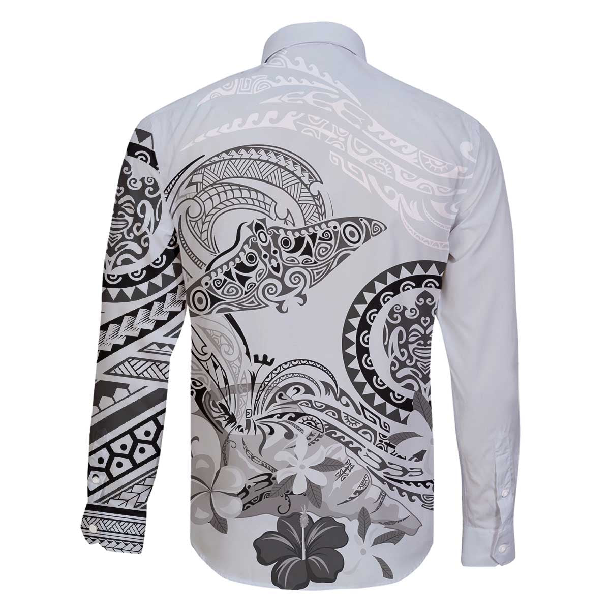Polynesian Manta Ray Family Matching Off The Shoulder Long Sleeve Dress and Hawaiian Shirt Gray Floral Turtle Tattoo LT9 - Polynesian Pride