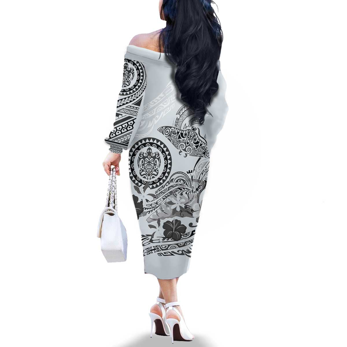 Polynesian Manta Ray Family Matching Off The Shoulder Long Sleeve Dress and Hawaiian Shirt Gray Floral Turtle Tattoo LT9 - Polynesian Pride