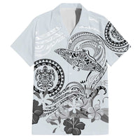 Polynesian Manta Ray Family Matching Off Shoulder Maxi Dress and Hawaiian Shirt Gray Floral Turtle Tattoo LT9 Dad's Shirt - Short Sleeve Gray - Polynesian Pride