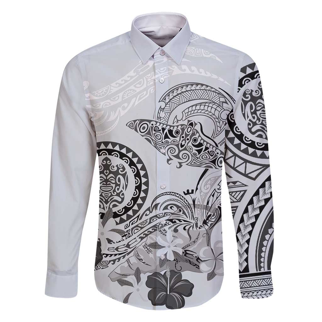 Polynesian Manta Ray Family Matching Off Shoulder Maxi Dress and Hawaiian Shirt Gray Floral Turtle Tattoo LT9 Dad's Shirt - Long Sleeve Gray - Polynesian Pride