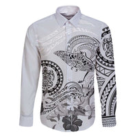 Polynesian Manta Ray Family Matching Off Shoulder Maxi Dress and Hawaiian Shirt Gray Floral Turtle Tattoo LT9 Dad's Shirt - Long Sleeve Gray - Polynesian Pride